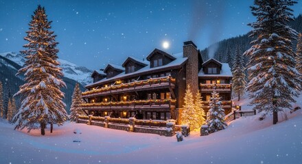 Enchanting winter night at a cozy mountain lodge, adorned with festive lights, amidst falling snow and illuminated pine trees under a full moon.