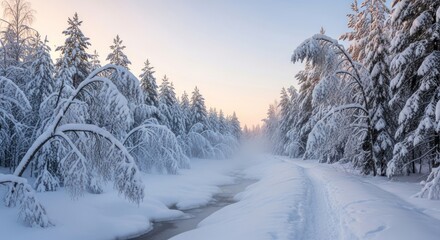 Obraz premium Serene Winter Forest with Snow-Covered Trees, Icy Stream, and Peaceful Path at Dawn