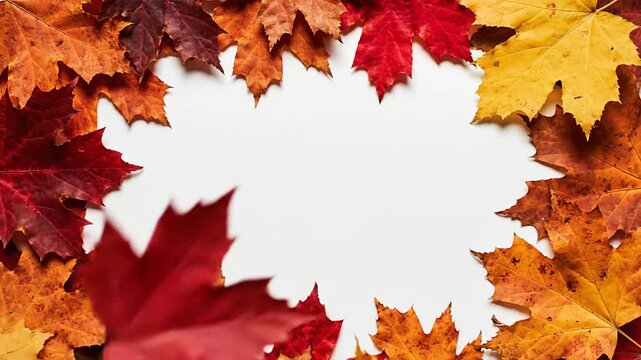 Cinematic footage of colorful autumn maple leaves forming a frame on a white background.