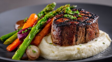 Grilled steak served atop creamy mashed potatoes and roasted root vegetables.
