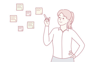 Smiling businesswoman point at sticky notes with numbers planning tasks. Happy woman prioritize to do list, share work schedule. Time management concept. Vector illustration.