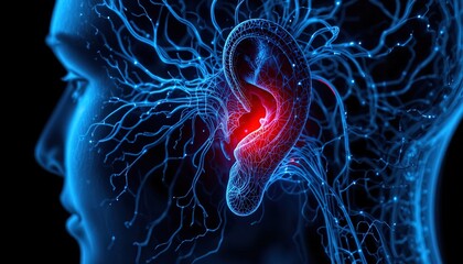 Explore the intricate human ear anatomy and nerve connections for medical research and educational purposes in vibrant detail today