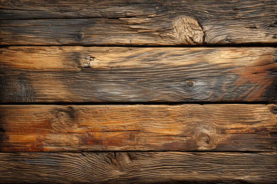 Rustic wooden plank background with weathered texture, natural grain patterns, rich brown tones and aged organic surface ideal for crafts, design projects and rustic decor themes