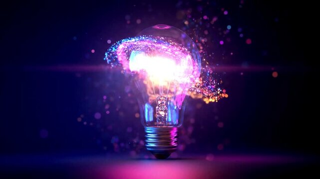 Creative light bulb explodes with colorful dry paint, sparks and splashes on a black background, concept. Think differently creative idea concept. Motion Color drop in water, Ink swirling