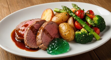Gourmet Roast Beef Tenderloin Slices with Roasted Baby Potatoes, Asparagus, Broccoli, Cherry Tomatoes, and Mint Jelly, Elegantly Plated for Fine Dining