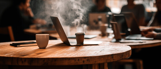 Group at a round wooden table, laptops open, coffee steam visible, background softly blurred.
