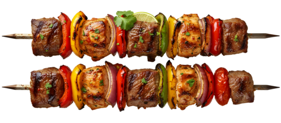 Two grilled kebab meat skewers with bell peppers and onions isolated on transparent background
