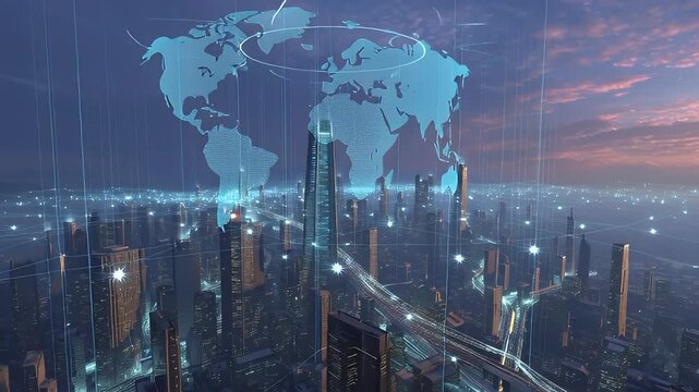 Global Connectivity and Futuristic Cityscape A World Map Overlay Illustrating Digital Networks and Advanced Urban Development - Powered by Adobe