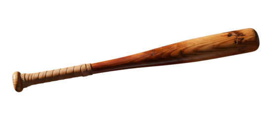 Classic wooden baseball bat with taped handle isolated on transparent background