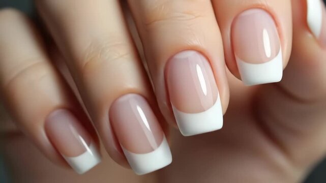 Elegant french manicure closeup showcasing classic beauty and precision nail art
