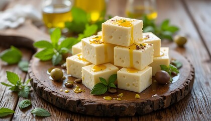 Fresh Nabulsi Cheese With Olive Oil on Rustic Board. nabulsi cheese