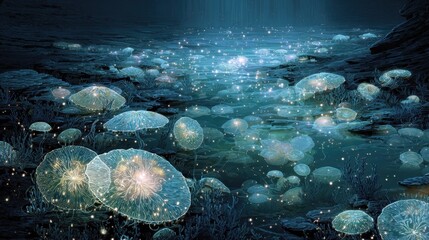 Glowing Jellyfish and Bioluminescent Marine Life in Deep Ocean Waters