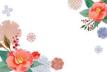 水彩の椿と雪輪のフレーム