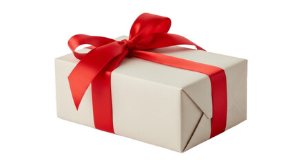 Obraz premium Elegant White Gift Box Wrapped with Shiny Red Ribbon and Bow – Classic Present for Birthdays, Holidays, Christmas, Anniversaries, and Special Occasions – Perfect for Celebration and Festive Marketing 