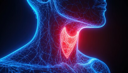 Striking 3D rendering of human thyroid anatomy with glowing red gland and blue network, perfect for medical research or healthcare marketing materials