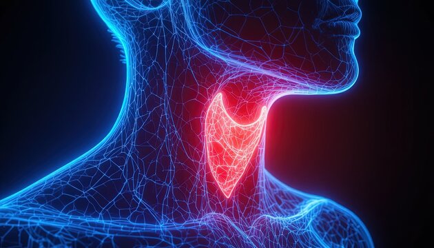 Striking 3D rendering of human thyroid anatomy with glowing red gland and blue network, perfect for medical research or healthcare marketing materials