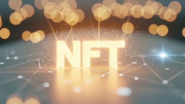 Glowing non fungible token or NFT text in a digital network connection. Cryptocurrency and blockchain technology concept for digital art.