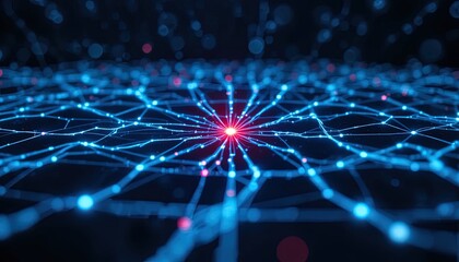 Dynamic glowing network of light connecting with a central node, perfect for illustrating complex data, innovative technologies, or future connections