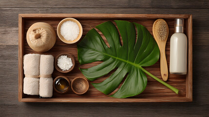 Spa and wellness treatment set with natural elements on a wooden tray for relaxation and self care