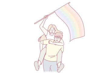 Happy couple with LGBT flag. Smiling man and woman showing support on pride parade. Homosexuality and love freedom. Vector illustration.