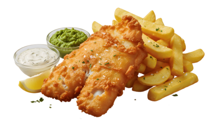 Traditional british fish and chips dish with french fries and dipping sauce