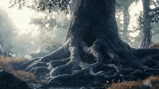 Video A large tree stands tall next to a cluster of rocks in a natural setting