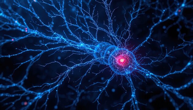 Dynamic interconnected neural network glowing with vibrant blue energy, a modern vision of brain function and scientific discovery for research projects