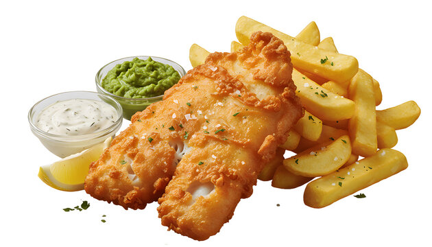 Traditional british fish and chips dish with french fries and dipping sauce