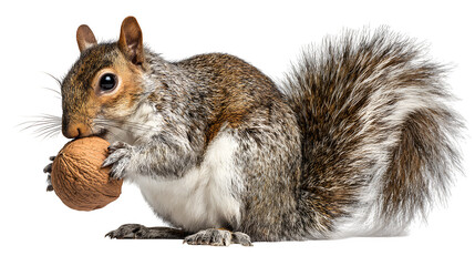 A squirrel meticulously cracking open a hard nut with its strong teeth, focused on the task, a clear display of its foraging prowess, isolated on a Transparent background