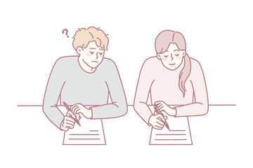 Boy cheating on school exam copy answers from female classmate. Schoolchildren with papers on examination during test. Flat vector illustration.