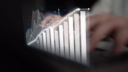 This image showcases a hand typing on a keyboard with an overlay of graphs and charts, symbolizing data analysis and business growth in a modern workspace. Copula