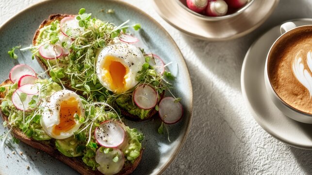 Delicious avocado toast with poached egg, sprouts and radishes on a blue plate.