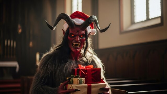 Krampus wearing Christmas hat holding presents. Horned beast representing folklore of holiday season. Evil Christmas character tradition. - Powered by Adobe