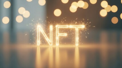 NFT text with sparkler effect. Non-fungible token concept for digital asset, blockchain technology, and cryptocurrency market.
