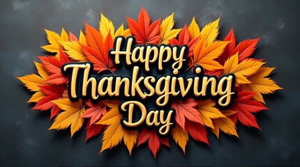 Stylized vector Thanksgiving typography with vibrant leaves arranged around the text, placed on a blackboard chalk texture