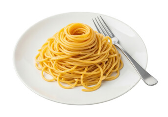 Delicious spaghetti pasta dish on white plate with fork, italian cuisine, food photography, culinary art, restaurant menu isolated on transparent background