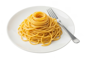 Delicious spaghetti pasta dish on white plate with fork, italian cuisine, food photography, culinary art, restaurant menu isolated on transparent background