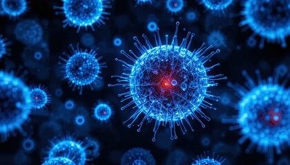 Detailed virus cell structure in blue, a microscopic view for medical and scientific research, symbolizing disease, infection and health risks