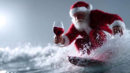 Santa Claus enjoys surfing while holding a glass of red wine during a sunny day at the beach