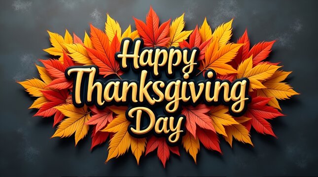 Stylized vector Thanksgiving typography with vibrant leaves arranged around the text, placed on a blackboard chalk texture