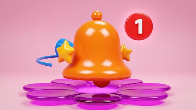 3d render of a bright orange notification bell with a red badge showing the number one, set against a pink background