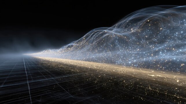 Abstract Digital Data Wave with Light Particles and Grid in Night Sky - Powered by Adobe