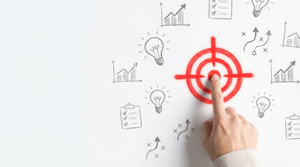 Target focus with index finger pressing bold red bullseye, surrounded by sketches of graphs, light bulbs, and checklists, symbolizing goal setting and achievement
