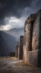 Inca, Ollantaytambo- Six Monolith Walls and Storm Clouds