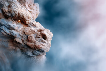 Obraz premium Steinartige Drachenfigur in nebeliger Berglandschaft – Fantastisches Kreaturendesign