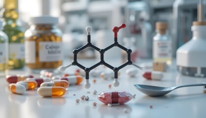 N-Acetylcysteine Molecular Structure with Capsules in Lab. n-acetylcysteine