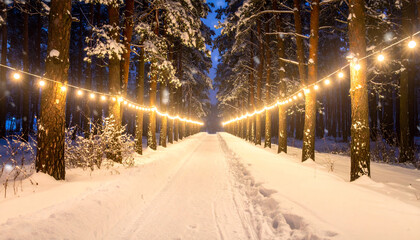 A snow covered path through a pine forest is lit with warm string lights creating a festive mood.