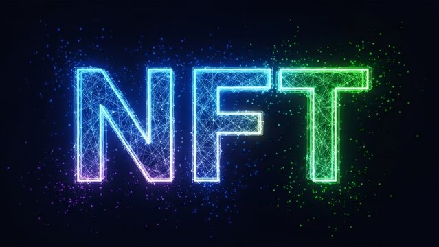 Abstract image displaying the glowing letters NFT in a digital, futuristic style. Non-fungible token concept for blockchain technology and cryptocurrency related content.