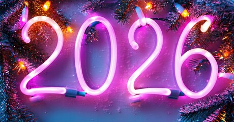 Bright neon digits display year 2026. Festive evergreen branches surround numbers, illuminated by warm lights. Holiday season concept.