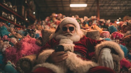 Santa shows off his cool style with sunglasses while lounging on a couch among colorful stuffed animals